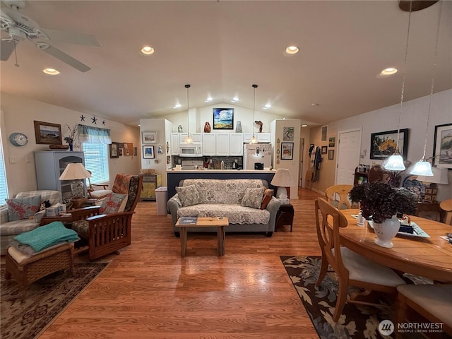 30511 M Pl, Ocean Park, WA 98640 - living area featuring lofted ceiling, light wood finished floors, ceiling fan, and recessed lighting