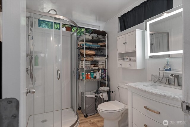 711 E Herron Blvd NW, Lakebay, WA 98349 - full bath featuring a shower stall, vanity, wood finished floors, and toilet