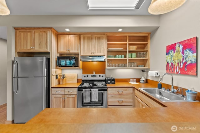 140 Twisp Ave W Unit 204, Twisp, WA 98856 - kitchen featuring appliances with stainless steel finishes, under cabinet range hood, a sink, light countertops, and light brown cabinetry