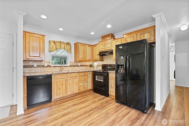23708 Locust Way Unit 26B, Bothell, WA 98021 - kitchen with black appliances, under cabinet range hood, a sink, ornamental molding, and light brown cabinets