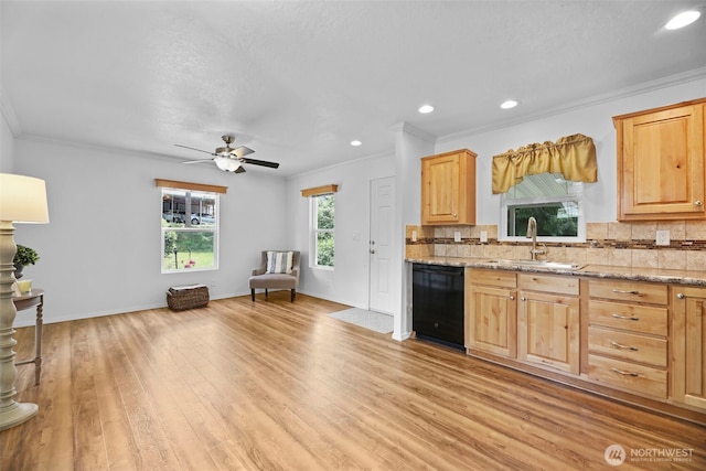 23708 Locust Way Unit 26B, Bothell, WA 98021 - kitchen with dishwasher, a sink, tasteful backsplash, light wood finished floors, and ornamental molding
