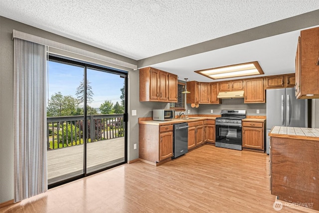 7391 E Grandview St, Port Orchard, WA 98366 - kitchen with appliances with stainless steel finishes, under cabinet range hood, a sink, light wood finished floors, and a textured ceiling