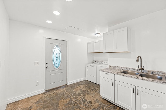 7391 E Grandview St, Port Orchard, WA 98366 - laundry room featuring washer and clothes dryer, cabinet space, baseboards, and recessed lighting