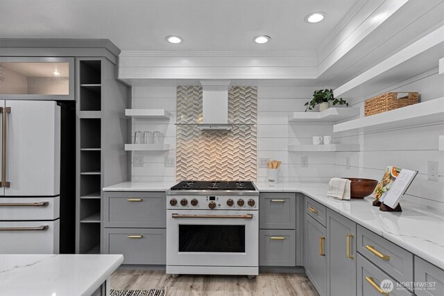 31632 19th Dr NW, Stanwood, WA 98292 - kitchen with open shelves, white appliances, gray cabinets, crown molding, and light stone countertops
