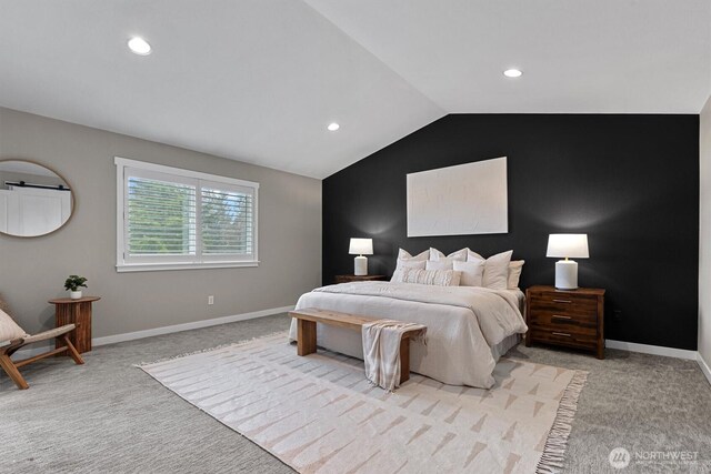 31632 19th Dr NW, Stanwood, WA 98292 - bedroom with light colored carpet, lofted ceiling, baseboards, and recessed lighting