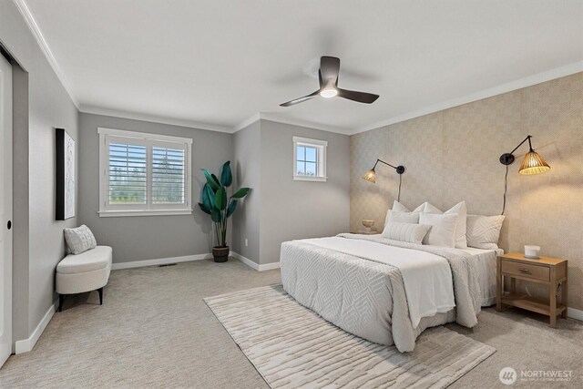 31632 19th Dr NW, Stanwood, WA 98292 - bedroom featuring ornamental molding, light carpet, baseboards, and ceiling fan