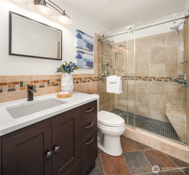 2714 162nd Ave NE, Bellevue, WA 98008 - full bathroom with vanity, a stall shower, toilet, tile walls, and tasteful backsplash