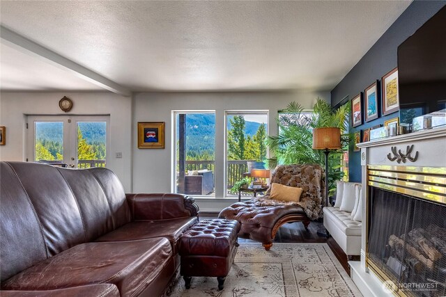 239 Alpine Dr, Packwood, WA 98361 - living room with wood finished floors, healthy amount of natural light, a fireplace, and a textured ceiling