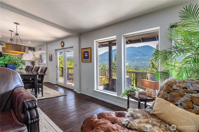239 Alpine Dr, Packwood, WA 98361 - living room featuring dark wood finished floors, a mountain view, french doors, baseboards, and beam ceiling