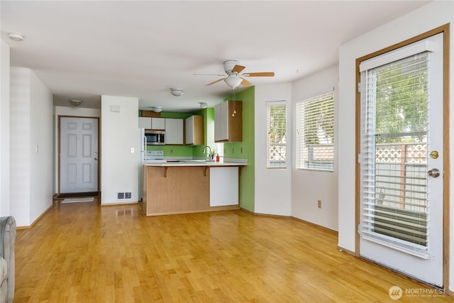730 SE 8th Ave Unit B101, Oak Harbor, WA 98277 - kitchen featuring stainless steel microwave, light wood finished floors, a ceiling fan, and light countertops