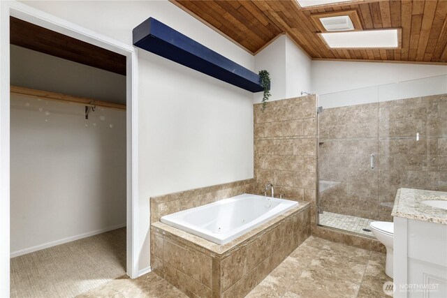 1020 SW Bowmer St, Oak Harbor, WA 98277 - bathroom with wooden ceiling, a whirlpool tub, a shower stall, toilet, and lofted ceiling