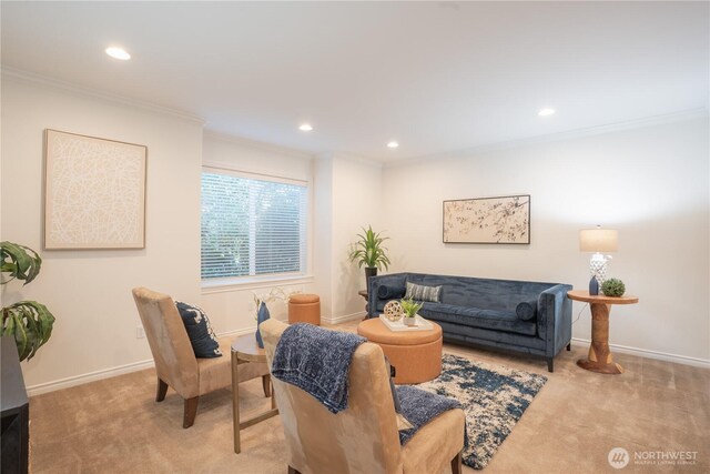725 N 198th St, Shoreline, WA 98133 - carpeted living room with crown molding, recessed lighting, and baseboards