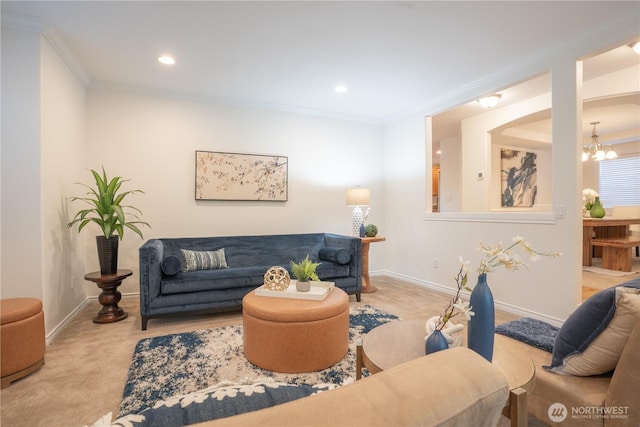 725 N 198th St, Shoreline, WA 98133 - living room featuring ornamental molding, a chandelier, baseboards, carpet floors, and recessed lighting