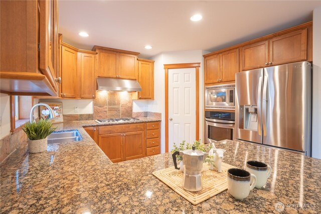 725 N 198th St, Shoreline, WA 98133 - kitchen with appliances with stainless steel finishes, under cabinet range hood, a sink, dark stone counters, and recessed lighting