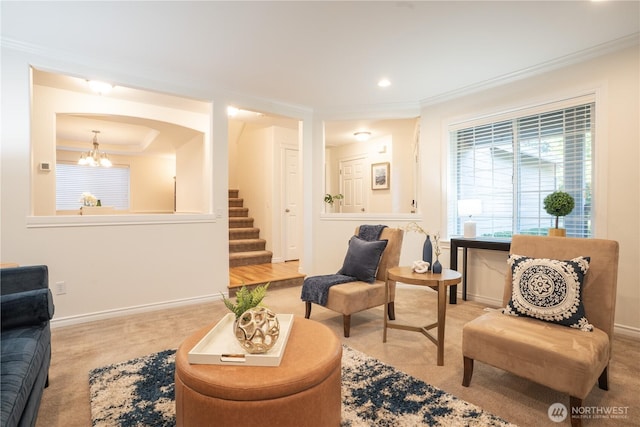 725 N 198th St, Shoreline, WA 98133 - carpeted living room with a chandelier, ornamental molding, stairs, baseboards, and recessed lighting