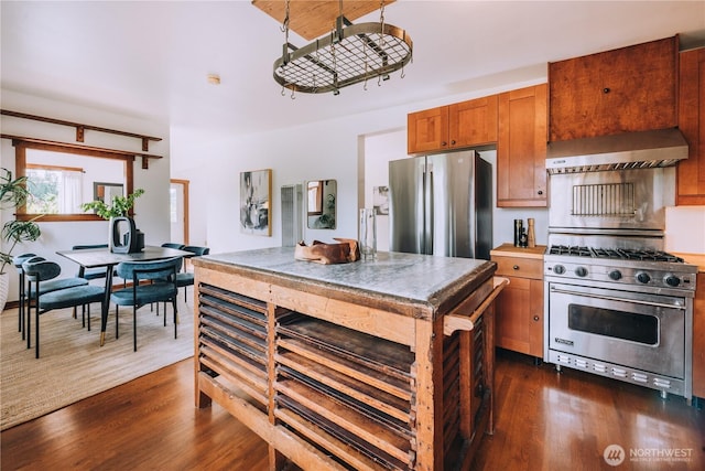 9202 3rd Ave NW, Seattle, WA 98117 - kitchen with stainless steel appliances, wall chimney range hood, dark wood-type flooring, and brown cabinets