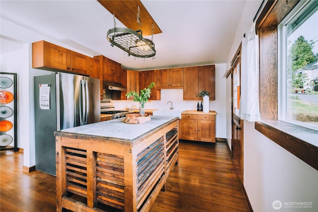 9202 3rd Ave NW, Seattle, WA 98117 - kitchen with freestanding refrigerator, under cabinet range hood, stove, and dark wood finished floors