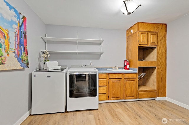 22718 1st Pl W, Bothell, WA 98021 - laundry room featuring cabinet space, washer and clothes dryer, light wood finished floors, and baseboards