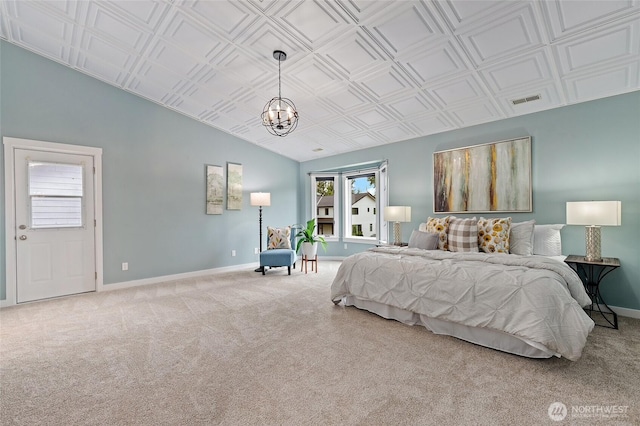22718 1st Pl W, Bothell, WA 98021 - bedroom featuring a chandelier, lofted ceiling, baseboards, and carpet