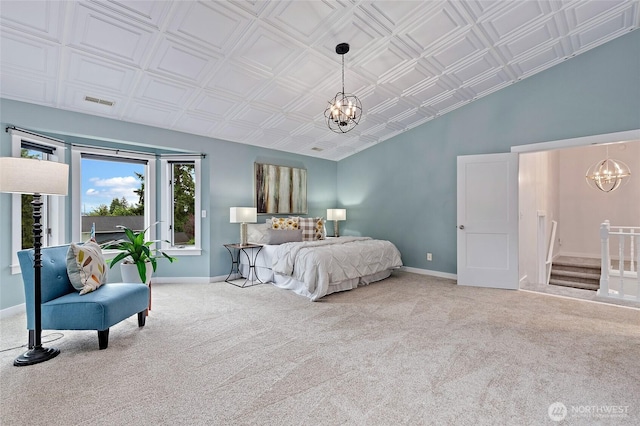 22718 1st Pl W, Bothell, WA 98021 - bedroom with a chandelier, an ornate ceiling, carpet floors, and baseboards