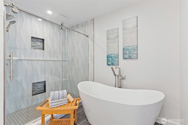 22718 1st Pl W, Bothell, WA 98021 - bathroom with a stall shower, a freestanding tub, tile patterned floors, and recessed lighting