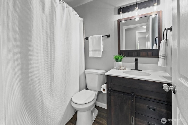 11620 28th St NE, Lake Stevens, WA 98258 - bathroom with vanity, wood finished floors, and a shower with shower curtain