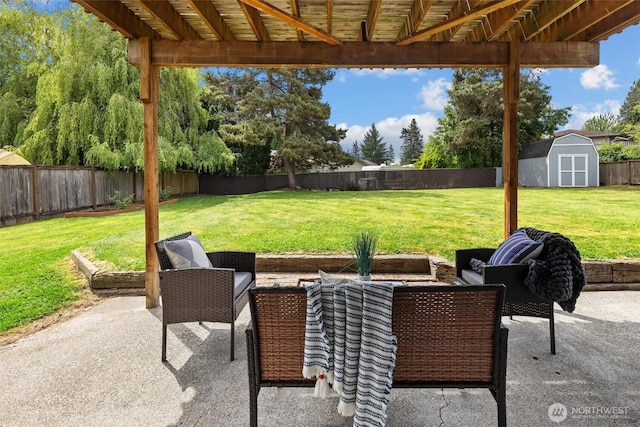 11620 28th St NE, Lake Stevens, WA 98258 - fenced backyard featuring a patio area, a shed, and outdoor lounge area