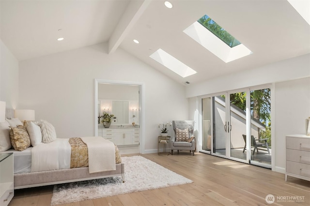 8620 N Mercer Way, Mercer Island, WA 98040 - bedroom with access to outside, a skylight, beam ceiling, light wood-style floors, and ensuite bathroom