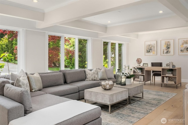 8620 N Mercer Way, Mercer Island, WA 98040 - living area with healthy amount of natural light, light wood-type flooring, beamed ceiling, and recessed lighting