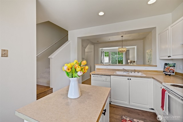 2300 Benson Rd S Unit D3, Renton, WA 98055 - kitchen featuring a sink, white appliances, white cabinets, light countertops, and recessed lighting