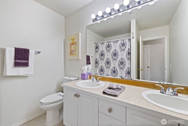 2300 Benson Rd S Unit D3, Renton, WA 98055 - full bathroom with double vanity, tile patterned floors, toilet, baseboards, and a shower with curtain