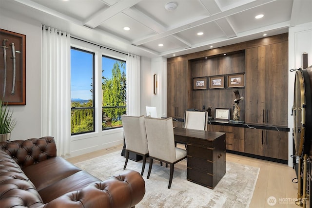 17281 SE 43rd St, Bellevue, WA 98006 - office with coffered ceiling, light wood-style flooring, recessed lighting, beam ceiling, and wood walls