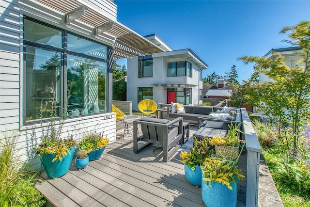 430 Prune Aly Unit B, Orcas Island, WA 98245 - wooden deck featuring outdoor lounge area and a pergola