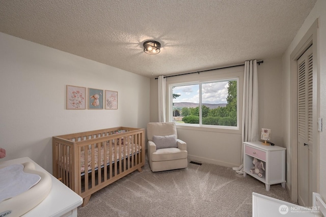 12009 NW Dodson Rd, Ephrata, WA 98823 - bedroom with carpet floors, a textured ceiling, a nursery area, a closet, and baseboards