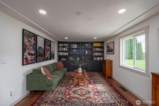 12009 NW Dodson Rd, Ephrata, WA 98823 - living area with dark wood finished floors, recessed lighting, baseboards, and built in features