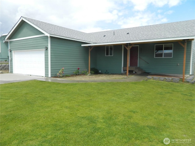 607 Bramble Ave, Omak, WA 98841 - ranch-style home with entry steps, an attached garage, roof with shingles, a front lawn, and concrete driveway