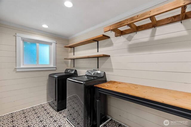 8827 Marlene Ct SW, Olympia, WA 98512 - laundry room featuring separate washer and dryer, tile patterned floors, recessed lighting, wood walls, and ornamental molding
