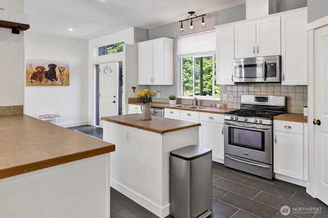 1055 Falls Dr, Bellingham, WA 98229 - kitchen with stainless steel appliances, white cabinetry, a sink, tasteful backsplash, and recessed lighting