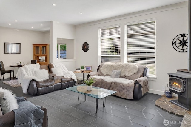 1055 Falls Dr, Bellingham, WA 98229 - living area with a wood stove, recessed lighting, and baseboards
