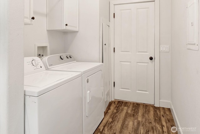 1055 Falls Dr, Bellingham, WA 98229 - washroom featuring cabinet space, independent washer and dryer, dark wood-type flooring, and electric panel