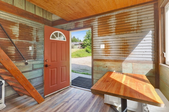 1055 Falls Dr, Bellingham, WA 98229 - entryway with wooden ceiling, wooden walls, and wood finished floors