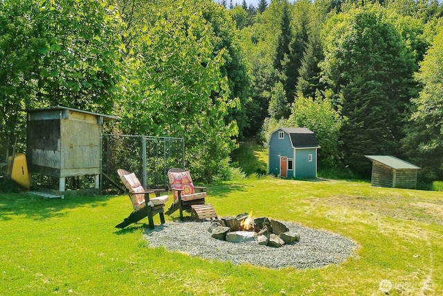 1055 Falls Dr, Bellingham, WA 98229 - view of green lawn with a fire pit and exterior structure