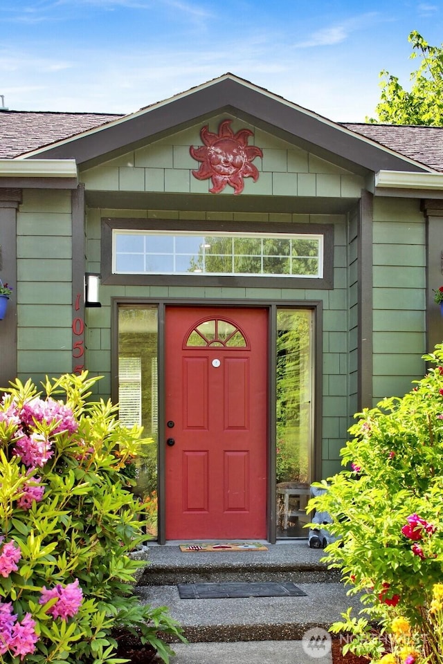 1055 Falls Dr, Bellingham, WA 98229 - view of exterior entry featuring a shingled roof
