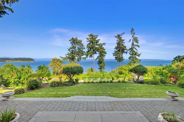 699 Lehman Dr, Camano Island, WA 98282 - view of home's community featuring a water view, a lawn, and a patio area