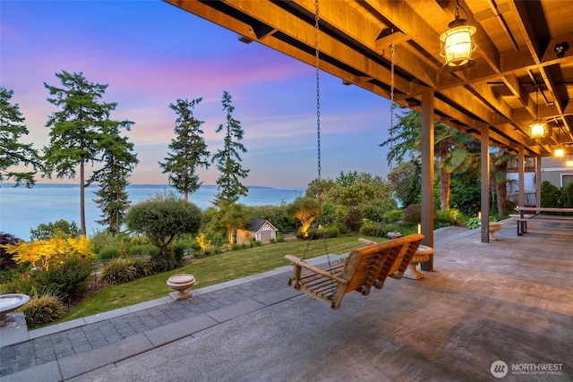699 Lehman Dr, Camano Island, WA 98282 - view of patio featuring a water view and an outdoor structure