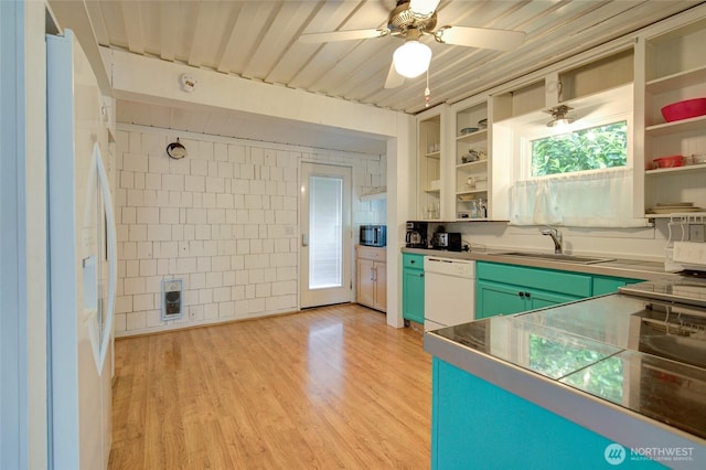 212 Hayes St, Hoquiam, WA 98550 - kitchen featuring open shelves, white appliances, a sink, light wood finished floors, and ceiling fan