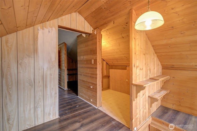 212 Hayes St, Hoquiam, WA 98550 - bonus room with lofted ceiling, wood ceiling, wood walls, and dark wood-type flooring