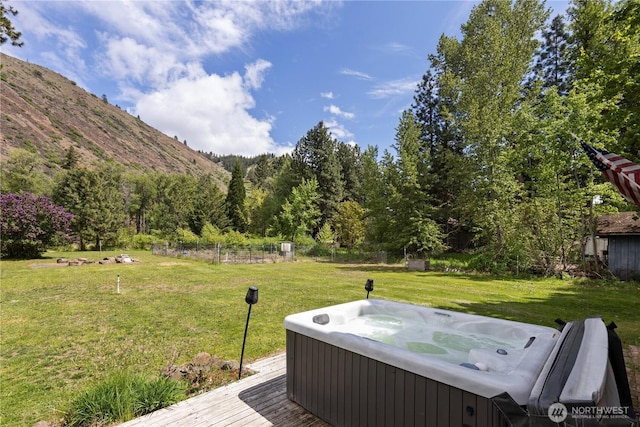 51 Deer Meadow Ln, Naches, WA 98937 - view of yard featuring a hot tub and a deck with mountain view