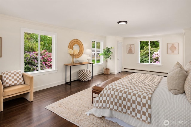 12653 Avondale Rd NE, Redmond, WA 98052 - bedroom with baseboard heating, dark wood-style flooring, baseboards, and ornamental molding