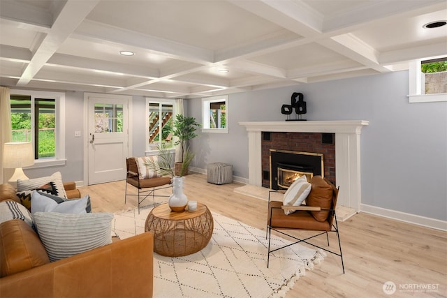 12653 Avondale Rd NE, Redmond, WA 98052 - living room with coffered ceiling, light wood-type flooring, baseboards, a brick fireplace, and beam ceiling